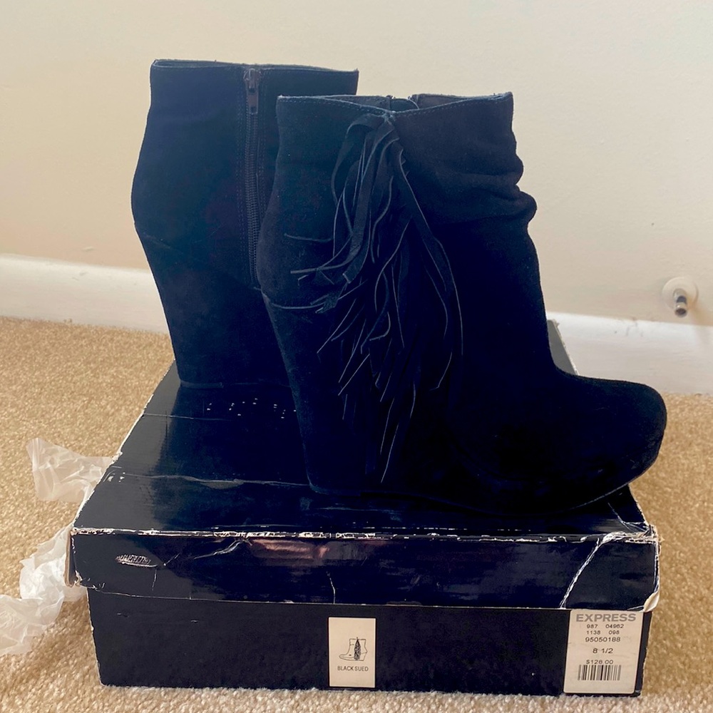 Suede Fringe Wedge Ankle Booties